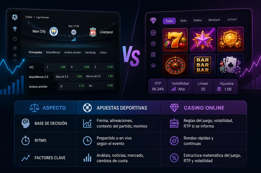 Diferencias entre apuestas deportivas y casino online